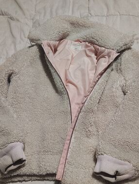 J. Crew Cream Sherpa Puff Jacket with Pink Lining
